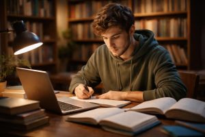 etudiant-concentre-table-livres-ordinateur