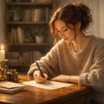 personne-assise-redaction-lettre-etageres-livres