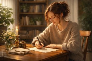 personne-assise-redaction-lettre-etageres-livres