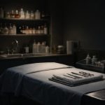 table-funerarium-lumiere-outils-etageres-floues