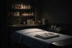 table-funerarium-lumiere-outils-etageres-floues