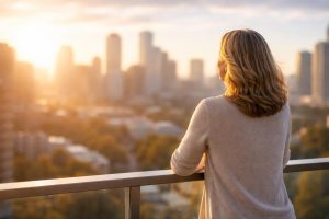 femme-dos-balcon-ville-gratte-ciels
