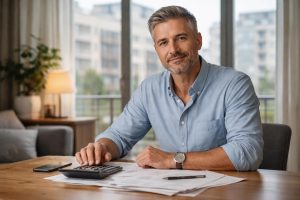 homme-calculatrice-papiers-fenetre-immeubles