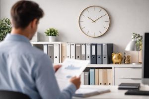 bureau-moderne-horloge-personne-documents