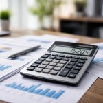 calculatrice-papiers-graphiques-bureau-flou