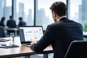 homme-affaires-table-portable-vue-ville