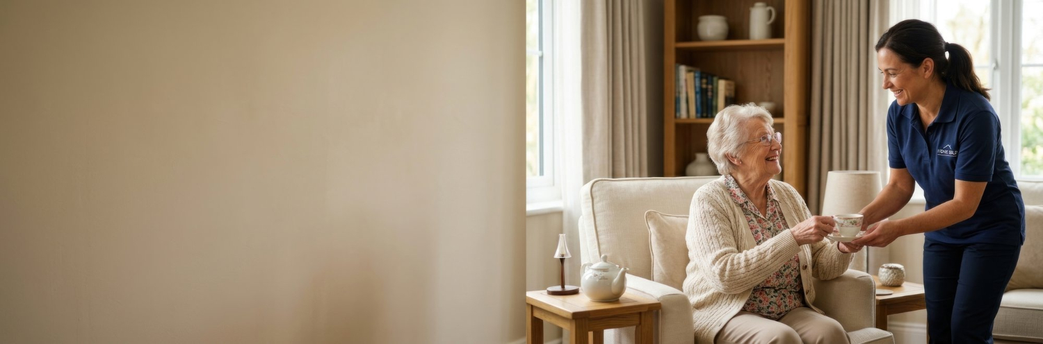 Aide-soignante servant le thé à une femme âgée dans un salon ensoleillé