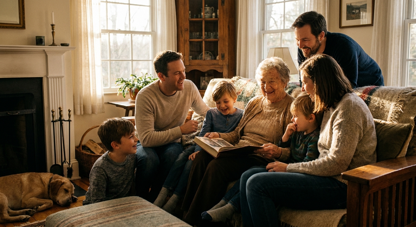 famille réunie autour d'une personne âgée, moment de partage et de transmission entre générations