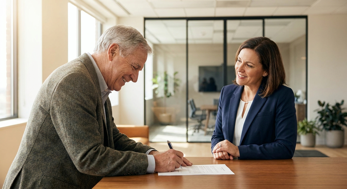 senior souriant qui signe un contrat d'assurance obsèques avec un conseiller